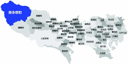 東京都の最北西端に位置する奥多摩町の位置図