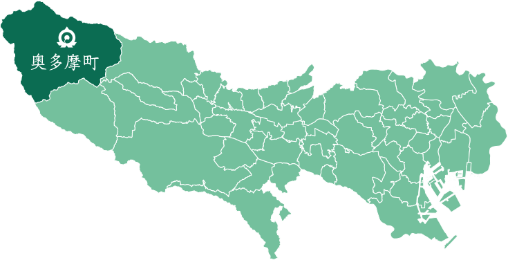 奥多摩町の位置を示した地図、緑色で塗りつぶされた地図で奥多摩町の位置が濃い緑で塗分けられている。